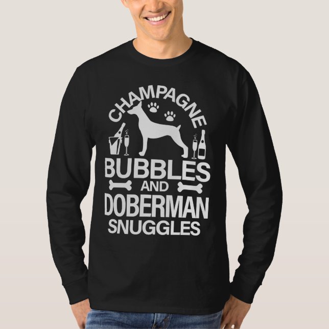 Champagne Bubbles och Doberman Snuggles Hund Hund T Shirt (Framsida)
