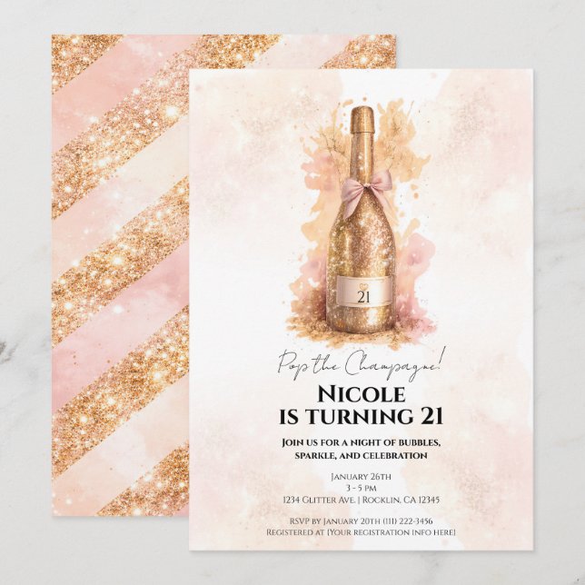 Champagne Bubbly & Gold Glitter 21 21ST Birthday  Inbjudningar (Fram/baksida)