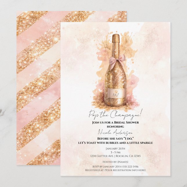 Champagne Bubbly & Gold Glitter Bridal Shower Inbjudningar (Fram/baksida)