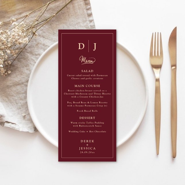 Champagne & Burgundy Elegant Luxury Bröllop Meny (Skapare uppladdad)