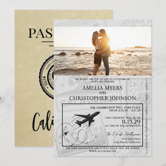 Champagne California Passport Bröllop Inbjudningar (Fram/baksida)