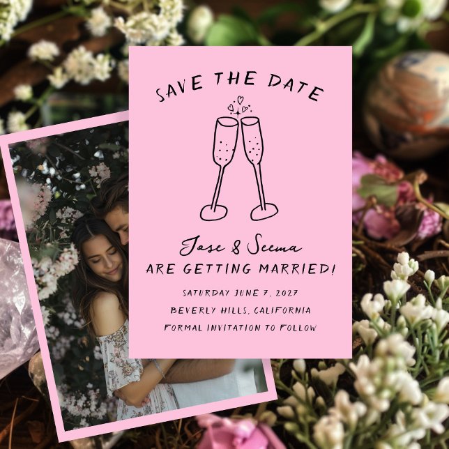 Champagne Cheers Hand plockade Anpassningsbar PHOT Spara Datumet (Champagne Cheers Hand Drawn Custom PHOTO Save The Date
)
