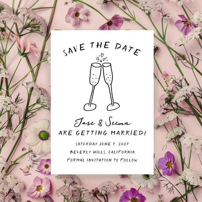 Champagne Cheers Hand plockade Cute Anpassningsbar Spara Datumet (Champagne Cheers Hand Drawn Cute Custom Save The Date Card Digital Download)