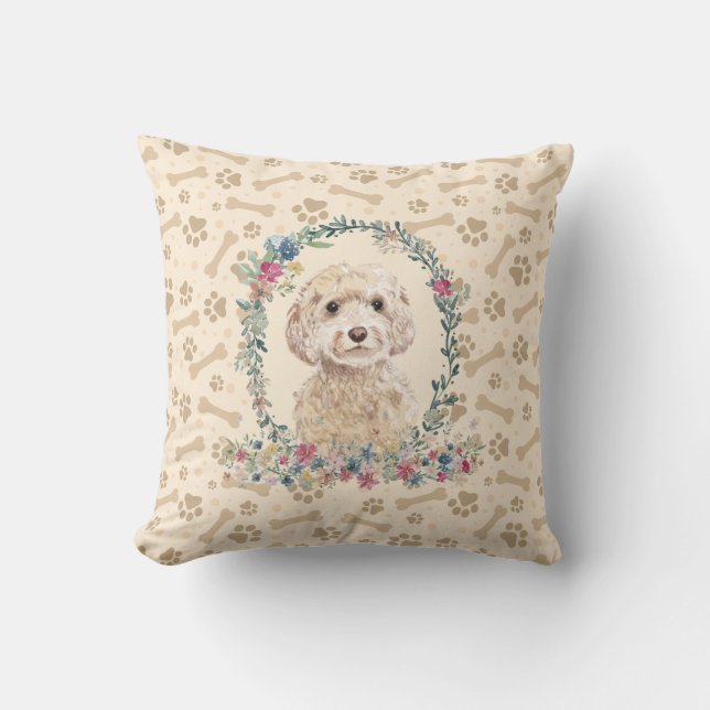 Champagne Cockapoo Hund Paw Print & Blommigt Cute Kudde (Framsida)