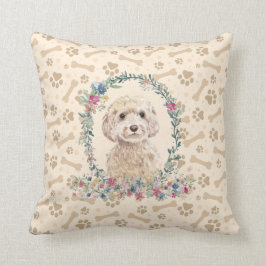 Champagne Cockapoo Hund Paw Print & Blommigt Cute Kudde