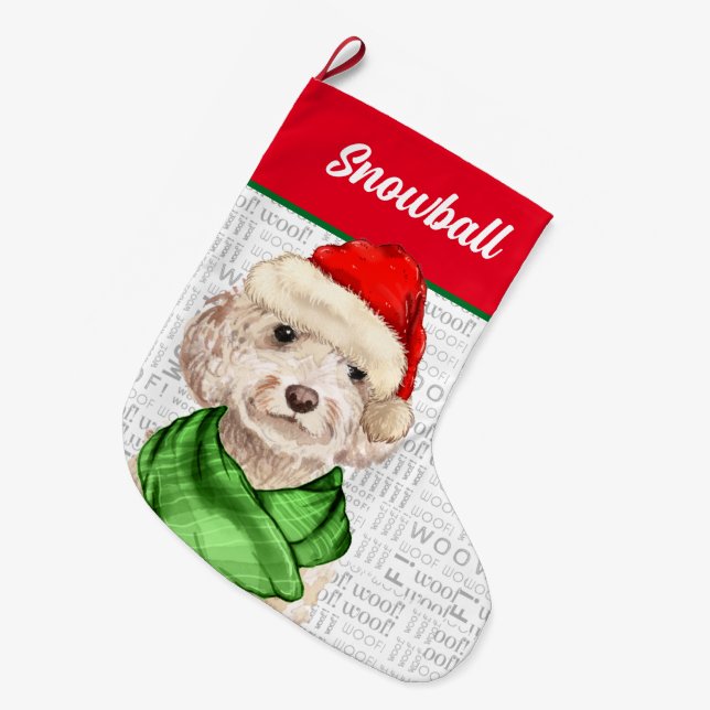 Champagne Cockapoo-jul med Hund Namn Stor Julstrumpa (Framsidan (Hängande))
