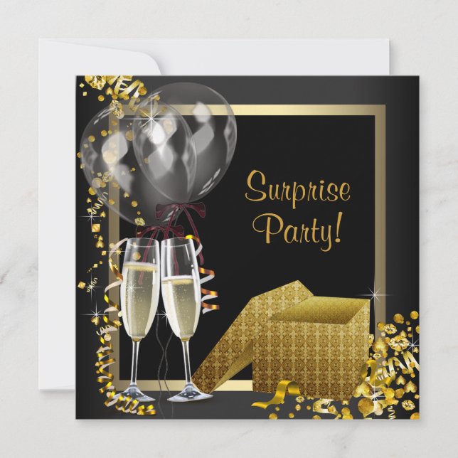 Champagne Confetti Black Guld Surprise Party Inbjudningar (Framsida)