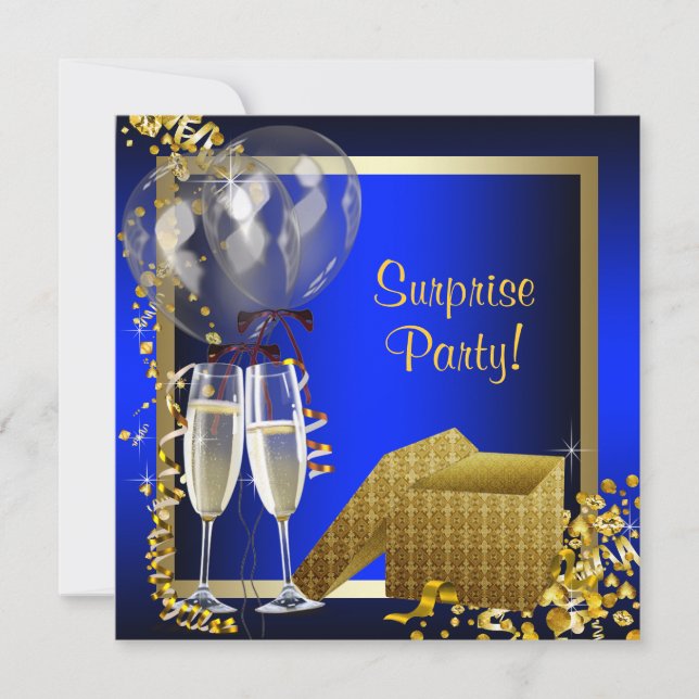Champagne Confetti Blue och Guld Surprise Party Inbjudningar (Framsida)