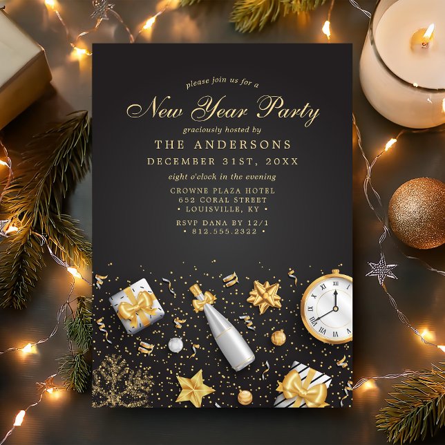Champagne Confetti Guld Black, nytt år Party Inbjudningar (Skapare uppladdad)