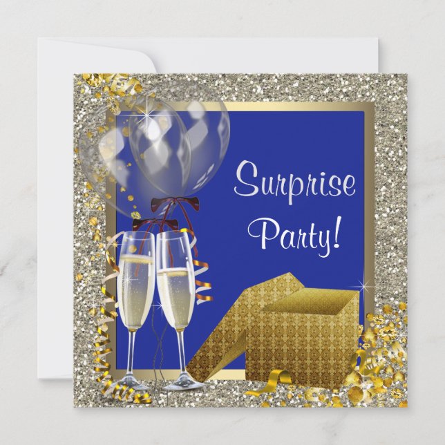 Champagne Confetti Navy Blue Guld Surprise Party Inbjudningar (Framsida)