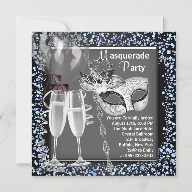 Champagne Confetti Silver Black Masquerad Party Inbjudningar (Framsida)