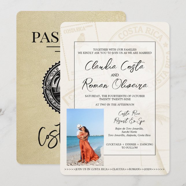 Champagne Costa Rica Passport bröllopsinbjudan Inbjudningar (Fram/baksida)