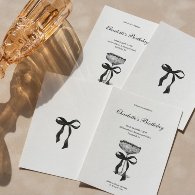 Champagne coupe Black Bow Birthday Party Invite Inbjudningar (Skapare uppladdad)