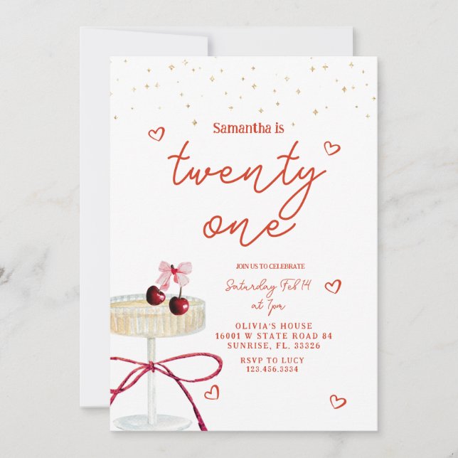 Champagne Coupe Cherry Heart Birthday Invitation Inbjudningar (Framsida)