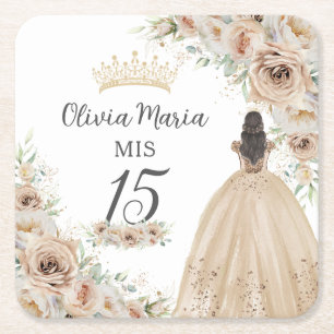 Champagne Cream Beige Blommigt Princess Quinceañer Underlägg Papper Kvadrat