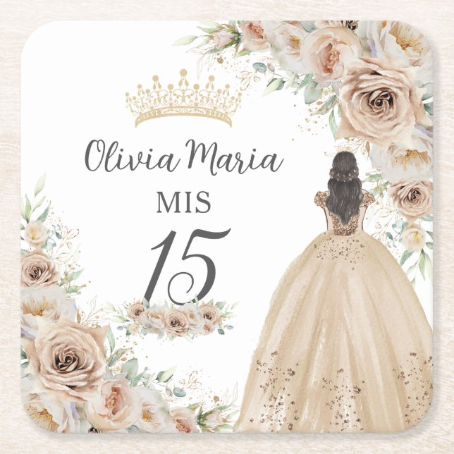 Champagne Cream Beige Blommigt Princess Quinceañer Underlägg Papper Kvadrat (Framsidan)