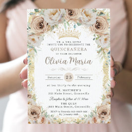 Champagne Cream Beige Blommigt Vintage Quinceanera Inbjudningar