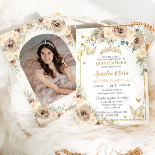 Champagne Cream Blommig Sweet 16 Quinceañera Foto Inbjudningar