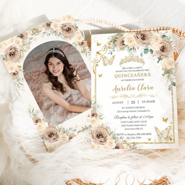 Champagne Cream Blommigt Sweet 16 Quinceañera Phot Inbjudningar (Skapare uppladdad)