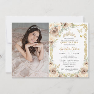 Champagne Cream Blommigt Sweet sixteen QUINCEAÑERA Inbjudningar