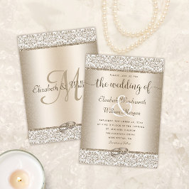 Champagne Damask Glitter Monogram Elegant bröllop Inbjudningar