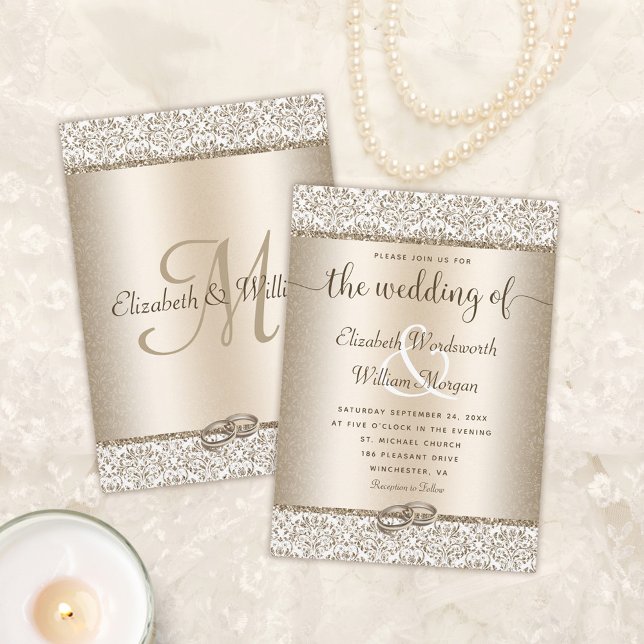 Champagne Damask Glitter Monogram Elegant bröllop Inbjudningar (Skapare uppladdad)