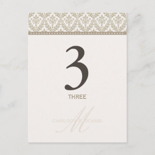 Champagne Damask Monogram-Bordsnummer-kort Vykort