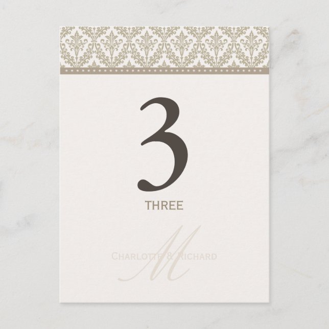 Champagne Damask Monogram-Bordsnummer-kort Vykort (Framsida)