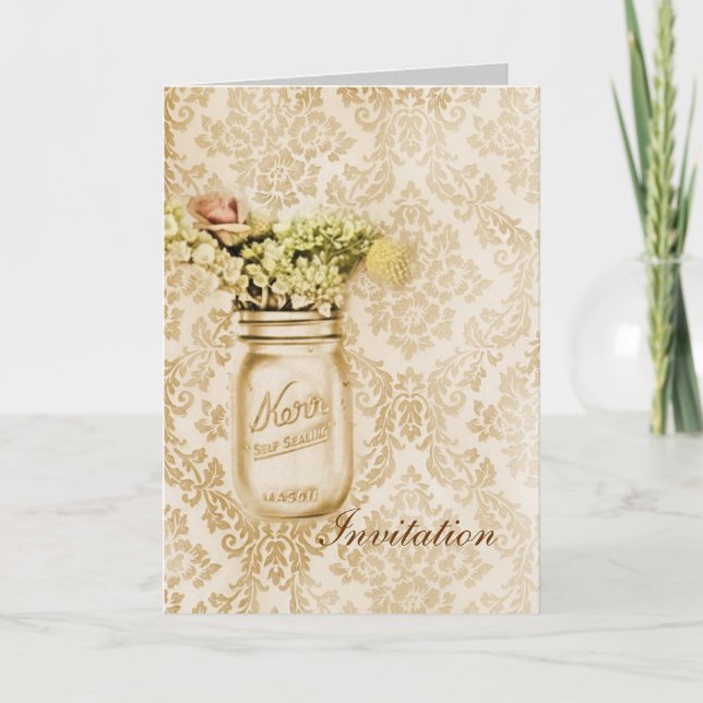 Champagne damast blomster mason kruka bröllop inbjudan (Framsida)