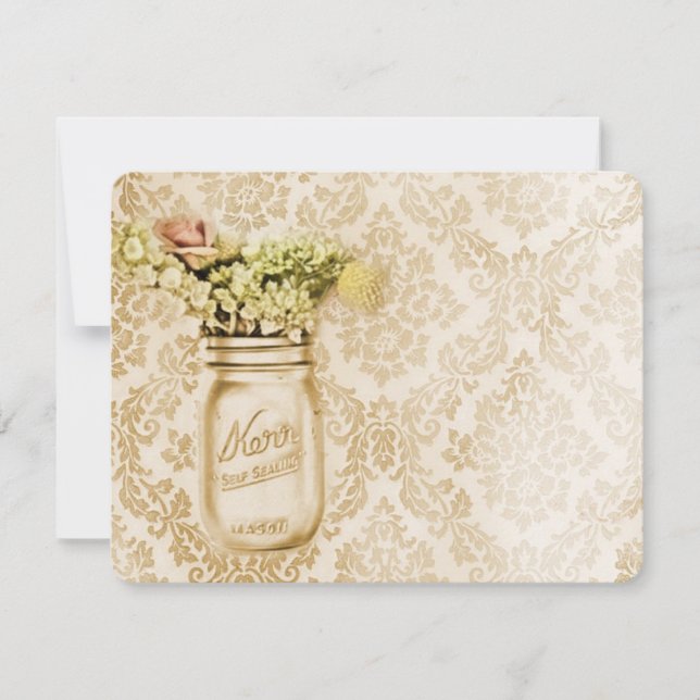 Champagne damast blomster mason kruka bröllop inbjudningar (Framsida)