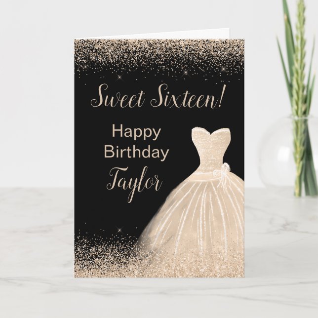 Champagne Dress Faux Glitter Sweet 16 Birthday Kort (Framsida)