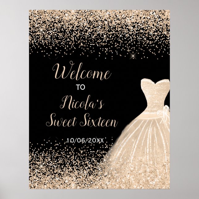 Champagne Dress Faux Glitter Sweet 16 Välkommen Poster (Framsidan)