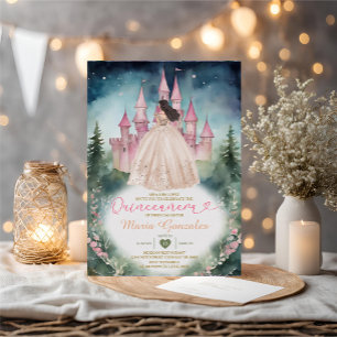 Champagne Dress Forest Rosa Castle 15 Quinceañera Inbjudningar