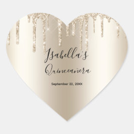 Champagne Dripping Glitter Elegant Quinceanera Hjärtformat Klistermärke