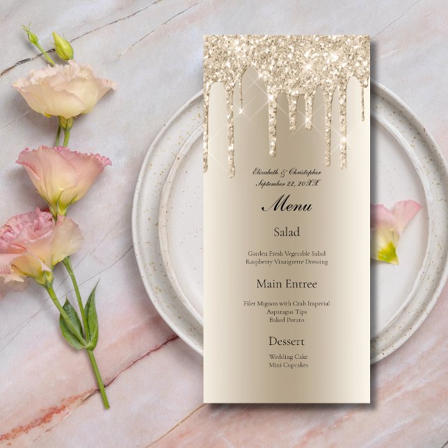 Champagne Dripping Glitter Glam Bling Bröllop Menu (Champagne Dripping Glitter Wedding Menu)