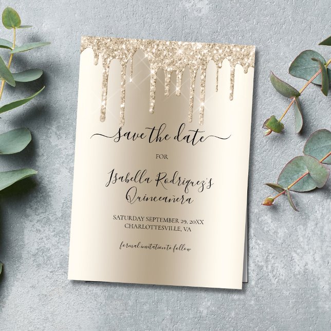 Champagne Dripping Glitter Quinceañera Spara Datumet (Champagne Dripping Glitter Glitter Drips Elegant Formal Quinceañera Quince Save The Date Invitation)