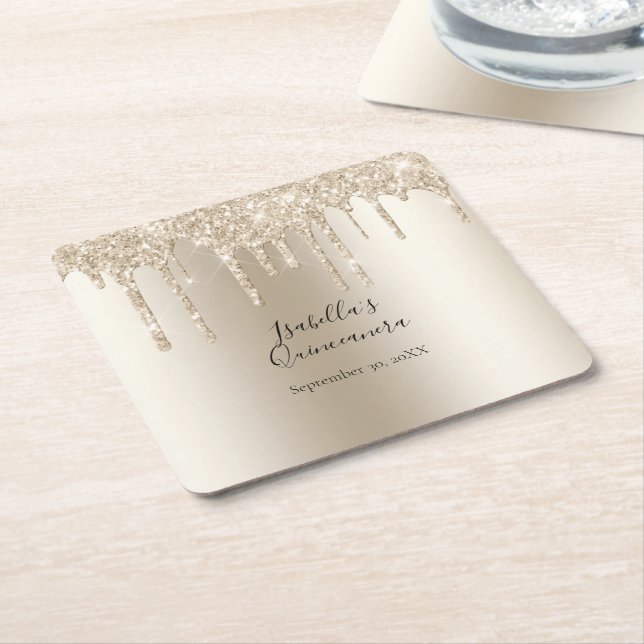 Champagne Dripping Glitter Quinceanera Underlägg Papper Kvadrat (Vinklad)