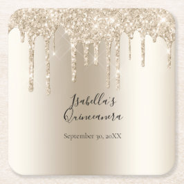 Champagne Dripping Glitter Quinceanera Underlägg Papper Kvadrat