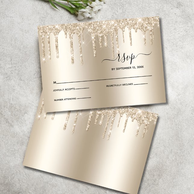 Champagne droppande glitter elegant bröllops-RSVP OSA Kort (Champagne Dripping Glitter Wedding RSVP card)