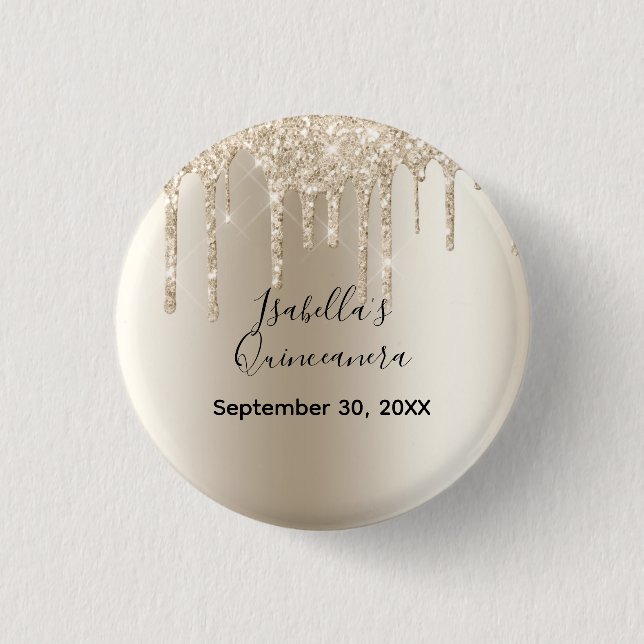 Champagne droppande glitter Quinceanera födelsedag Knapp (Framsida)