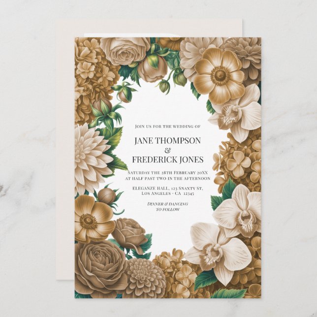 Champagne Dust, Golden Wheat & Mocha Linen Wedding Inbjudningar (Fram/baksida)