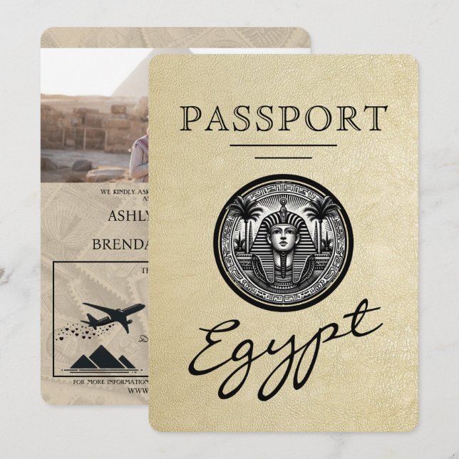 Champagne Egypt Passport Bröllopsinbjudan Inbjudningar (Fram/baksida)