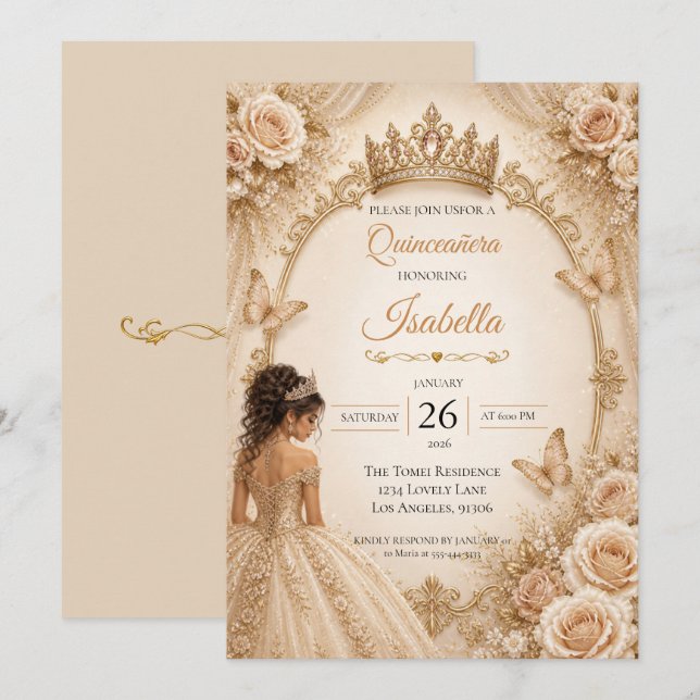 Champagne Elfenben Quinceañera  Inbjudningar (Fram/baksida)