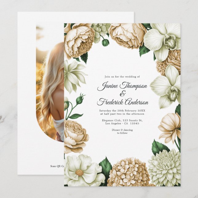 Champagne & Elfenbensfärgad Blommig Bröllopsinbjud Inbjudningar (Fram/baksida)
