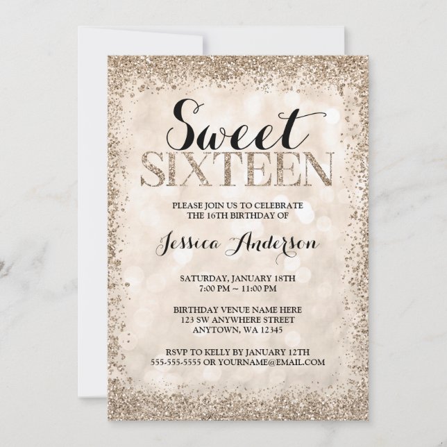 Champagne Faux Glitter Sweet 16 Födelsedag Inbjudningar (Framsida)