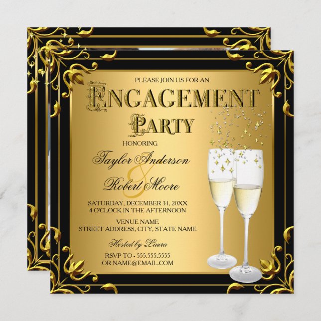 Champagne Faux Guld Black Förlovningsfest Photo Inbjudningar (Fram/baksida)