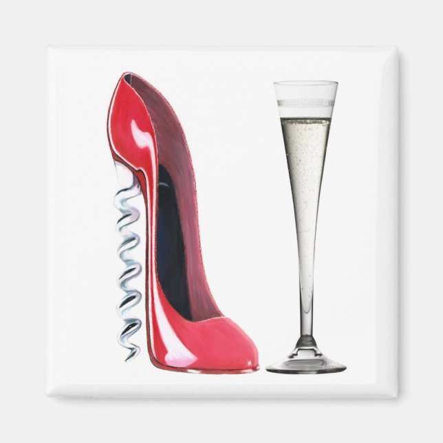 Champagne Flute Glass and Corkskruv Stiletto Shoe Magnet (Framsidan)