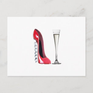Champagne Flute Glass and Corkskruv Stiletto Shoe Vykort