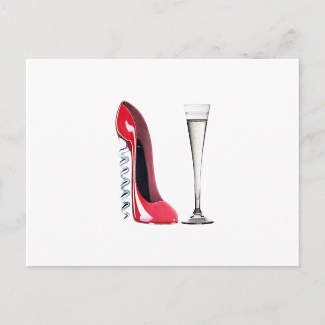 Champagne Flute Glass and Corkskruv Stiletto Shoe Vykort (Framsida)
