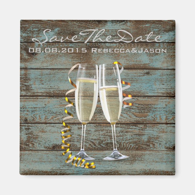 Champagne flutes rustik blue ladan bröllop magnet (Framsidan)